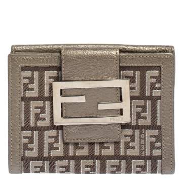 Pre Owned Fendi Silver Zucca Canvas and Leather Compact Forever Flap Wallet