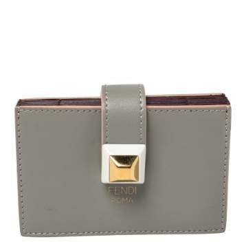 Pre Owned Fendi Grey Leather Accordion Card Case