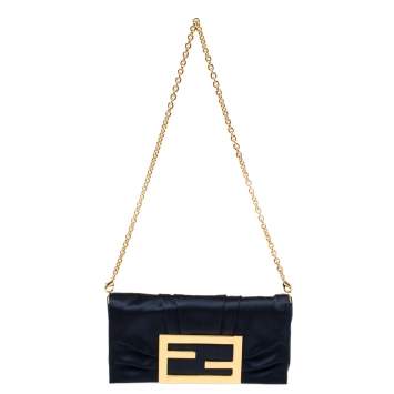 Pre Owned Fendi Navy Blue Satin Mia Pochette Bag 