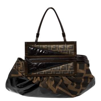 Pre Owned Fendi Tobacco Zucca Canvas and Patent Leather To You Convertible Clutch Bag