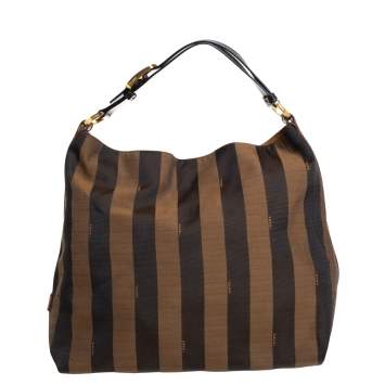Pre Owned Fendi Tobacco/Tan Canvas and Leather Large Pequin Striped Hobo