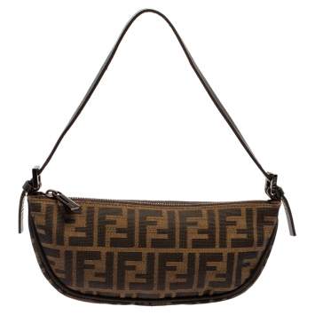 Pre Owned Fendi Tobacco Zucca Canvas and Leather Half Moon Pochette Hobo