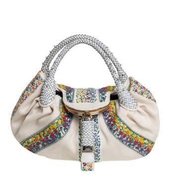 Pre Owned Fendi Cream Canvas Floral Bead Borsa Spy Bag