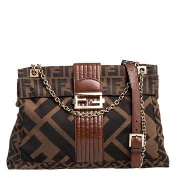 Pre Owned Fendi Brown Zucca Canvas and Leather Maxi Baguette Flap Shoulder Bag