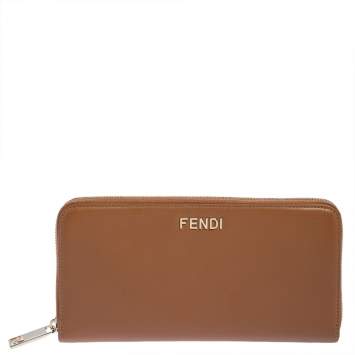 Pre Owned Fendi Tan Leather Zip Around Organizer Wallet