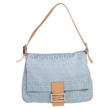 Pre Owned Fendi Light Blue Zucchino Canvas and Leather Mama Baguette Bag
