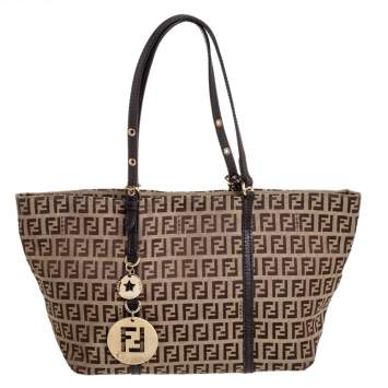 Pre Owned Fendi Beige/Tobacco Zucchino Canvas Superstar Shopping Tote
