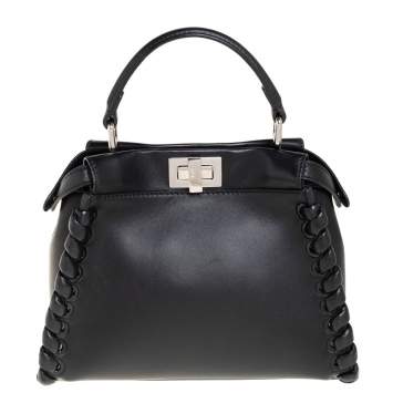 Pre Owned Fendi Black Leather Mini Whipstitched Peekaboo Top Handle Bag                  