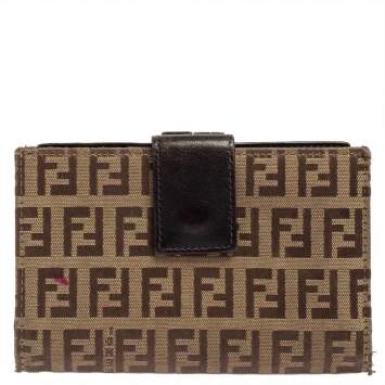 Pre Owned Fendi Beige/Tobacco Zucchino Canvas and Leather Kiss Lock Compact Wallet