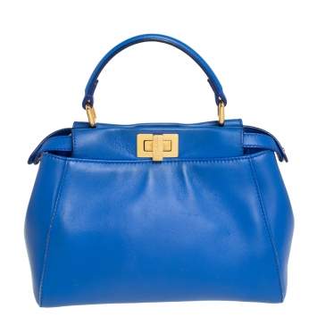 Pre Owned Fendi Blue Leather Mini Peekaboo Top Handle Bag