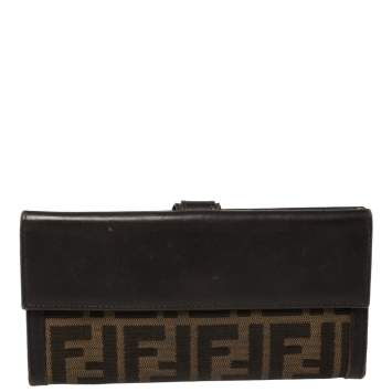 Pre Owned Fendi Tobacco Zucca Canvas and Leather Flap Continental Wallet