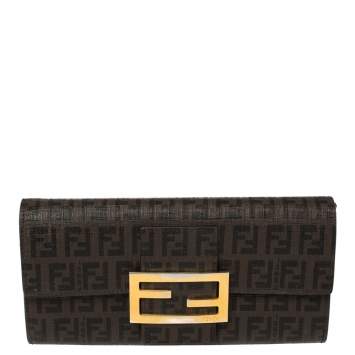 Pre Owned Fendi Tobacco Zucchino Coated Canvas Flap Continental Wallet
