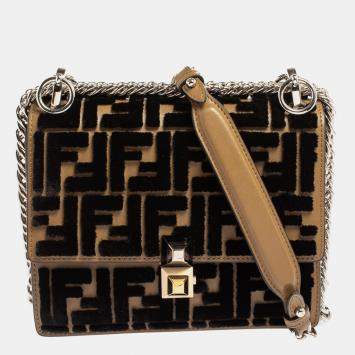 Pre Owned Fendi Black/Brown Leather and Velvet Small Kan I Chain Shoulder Bag