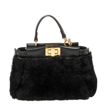Pre Owned Fendi Black Shearling and Leather Micro Peekaboo Crossbody Bag