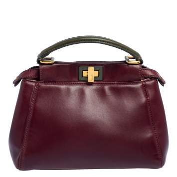 Pre Owned Fendi Burgundy/Olive Green Leather Mini Peekaboo Top Handle Bag