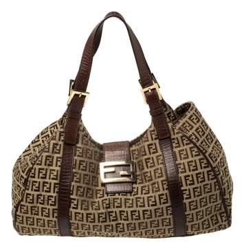 Pre Owned Fendi Brown Zucchino Canvas and Leather Borsa Piccola Satchel 