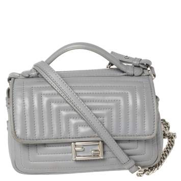 Pre Owned Fendi Grey Quilted Leather Micro Double Baguette Bag