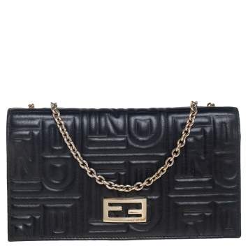 Pre Owned Fendi Black Embossed Logo Leather Wallet on Chain