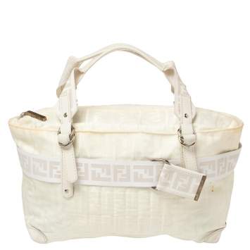 Pre Owned Fendi Off White Zucca Nylon and Leather Satchel 