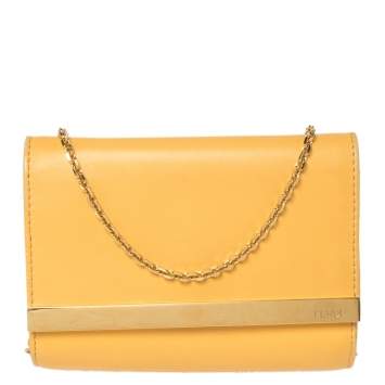 Pre Owned Fendi Mustard Yellow Leather Chain Clutch
