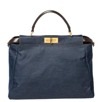 Pre Owned Fendi Blue/Dark Brown Denim and Leather Large Peekaboo Top Handle Bag