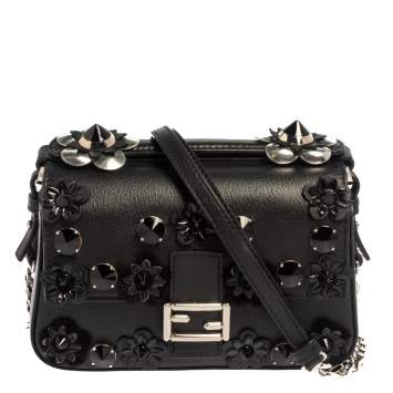 Pre Owned Fendi Blue/Black Flowerland Leather Double Micro Baguette Bag