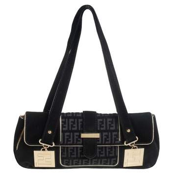 Pre Owned Fendi Black Suede and Zucca Canvas Logo Plaque Satchel