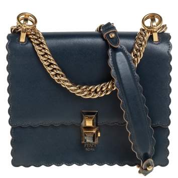 Pre Owned Fendi Navy Blue Leather Small Scalloped Kan I Shoulder Bag