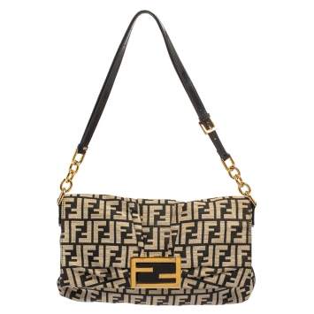 Pre Owned Fendi Black/Beige Zucca Canvas Mia Crossbody Bag