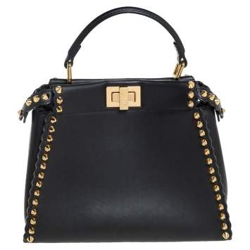 Pre Owned Fendi Black Leather Mini Studded Peekaboo Top Handle Bag