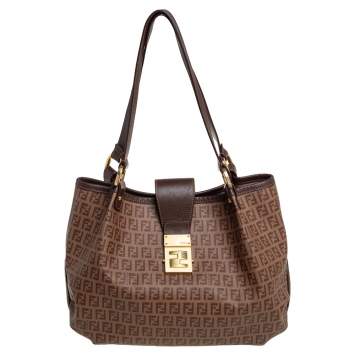 Pre Owned Fendi Brown Zucchino Coated Canvas and Leather Chiusura Tote