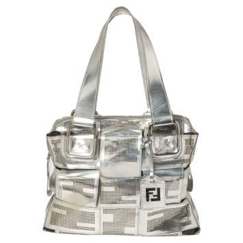 Pre Owned Fendi Silver Perforated Leather Crossword Bag