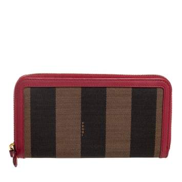 Pre Owned Fendi Red/Tobacco Pequin Canvas Zip Around Wallet