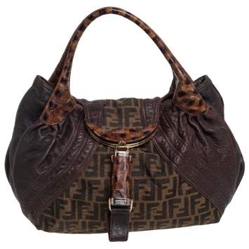 Pre Owned Fendi Tobacco Zucca Canvas and Tortuga Leather Spy Hobo