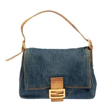 Pre Owned Fendi Blue/Beige Denim and Lizard Mama Baguette Bag