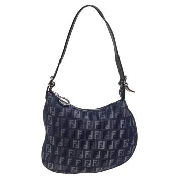 Pre Owned Fendi Blue/Brown Zucchino Canvas and Leather Shoulder Bag