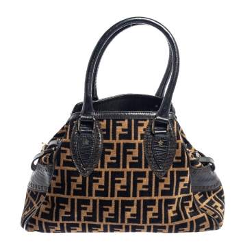Pre Owned Fendi Black/Beige Zucca Velvet and Leather Small Chef De Jour Bag