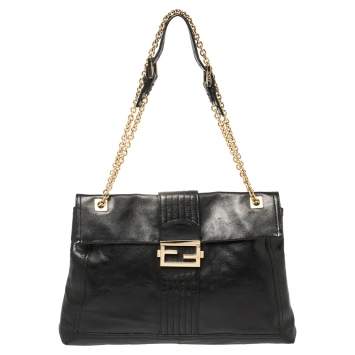 Pre Owned Fendi Black Leather Maxi Baguette Flap Shoulder Bag
