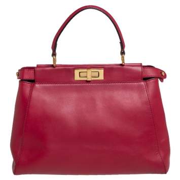 Pre Owned Fendi Red Leather Medium Peekaboo Top Handle Bag