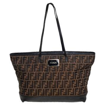Pre Owned Fendi Tobacco/Black Zucca Canvas and Leather Roll Tote