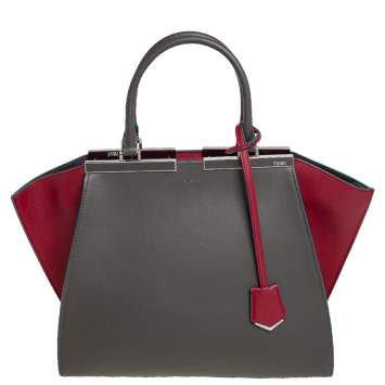 Pre Owned Fendi Grey/Red Leather 3Jours Large Tote Bag