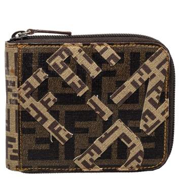 Pre Owned Fendi Brown/Beige Zucchino Canvas Zip Around Compact Wallet