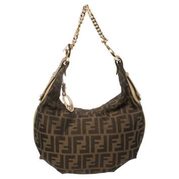 Pre Owned Fendi Tobacco/Gold Zucca Canvas and Leather Small Chef Chain Link Hobo