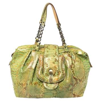 Pre Owned Fendi Green/Beige Python B Shoulder Bag