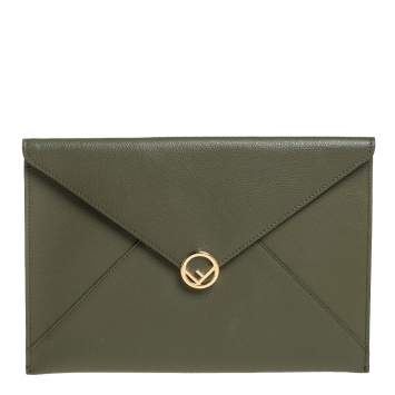 Pre Owned Fendi Green Leather Envelope Pouch