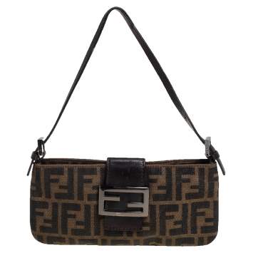 Pre Owned Fendi Tobacco Zucca Canvas and Leather Trim Baguette Pochette  