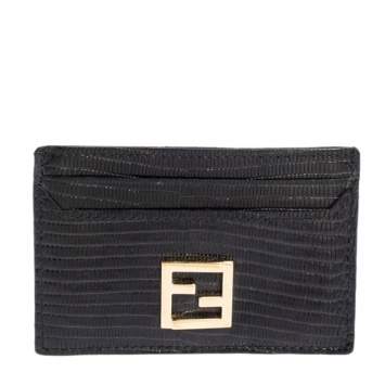 Pre Owned Fendi Black Lizard Embossed Leather Card Holder 