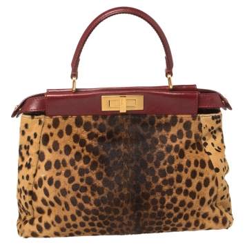 Pre Owned Fendi Brown/Burgundy Calf Hair and Leather Medium Peekaboo Top Handle Bag