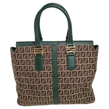 Pre Owned Fendi Green/Brown Zucchino Canvas and Leather Tote