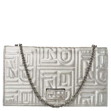 Pre Owned Fendi Metallic Silver Logo Embossed Leather Wallet On Chain 